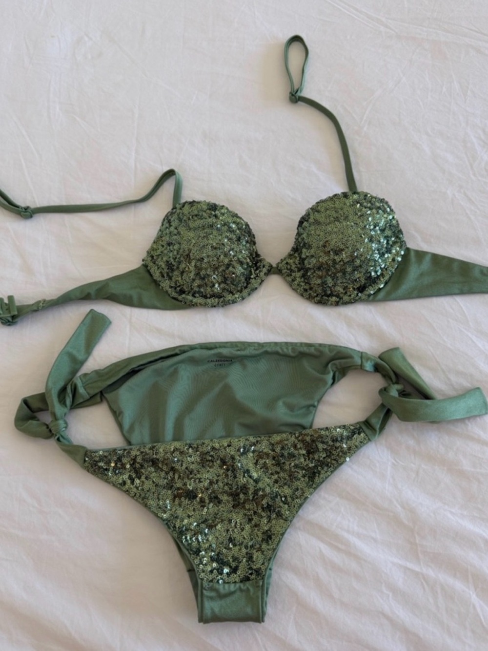 Sequin-Embellished Olive Green Women's Bikini Set
